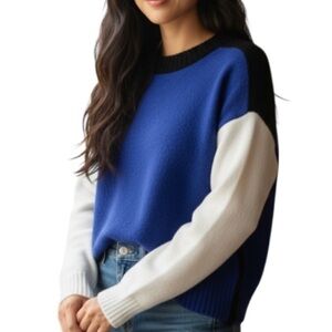 Ricki’s Colorblock Knit Crew Neck Sweater Royal Blue Ivory Black Long Sleeves M